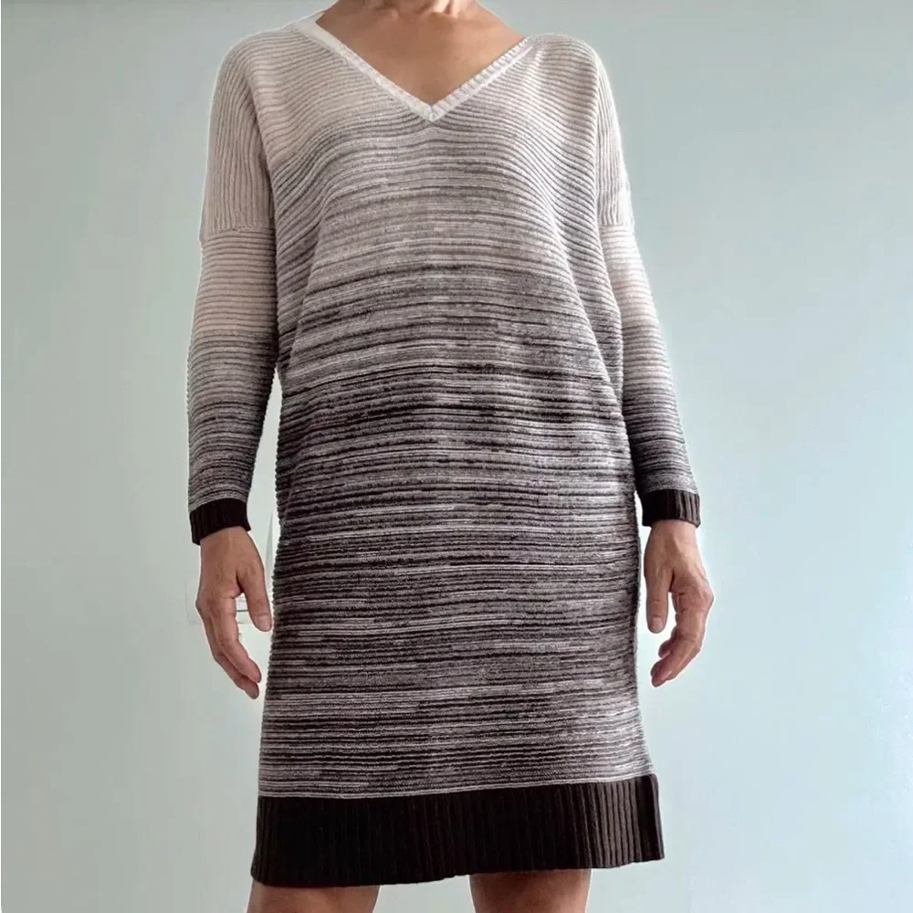 Lilla P‎ Cotton Cashmere Blend Grey Knit Stripe V Neck Sweater Dress Small S